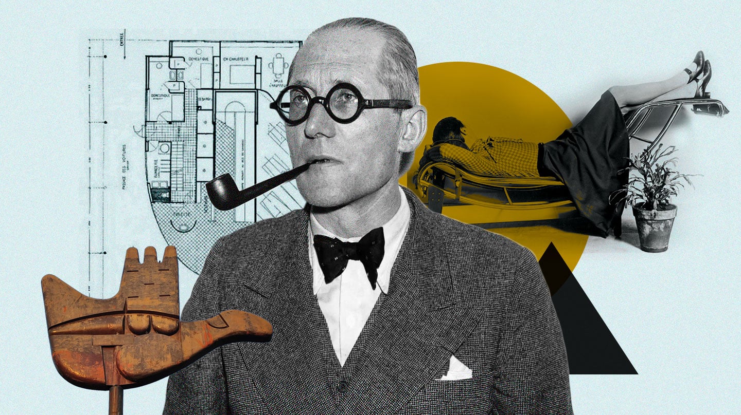 Imagen de Le Corbusier rodeado de creaciones suyas, entre ellas su famosa Chaise Longue