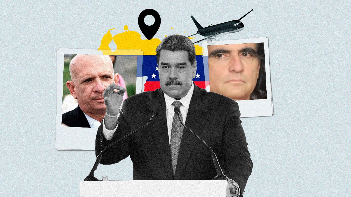 Collage con Maduro en el centro con la bandera de Venezuela y a los lados El Pollo y Álex Saab