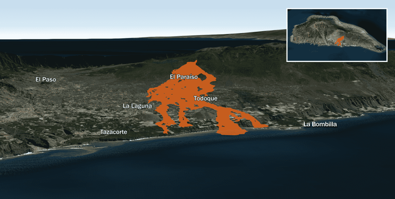 Mapa de las coladas de lava del volcán de La Palma