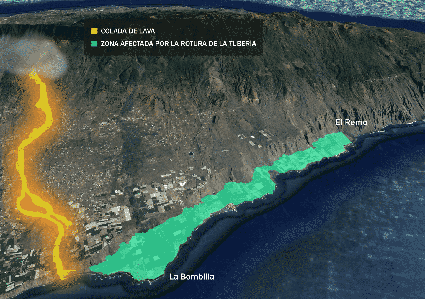 La zona de plataneras afectadas por la rotura de la tubería en La Palma