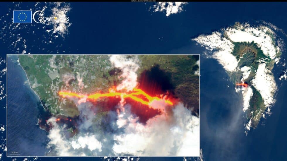 Imagen capturada por el satélite Copernicus Sentinel-2 de volcán de Cumbre Vieja