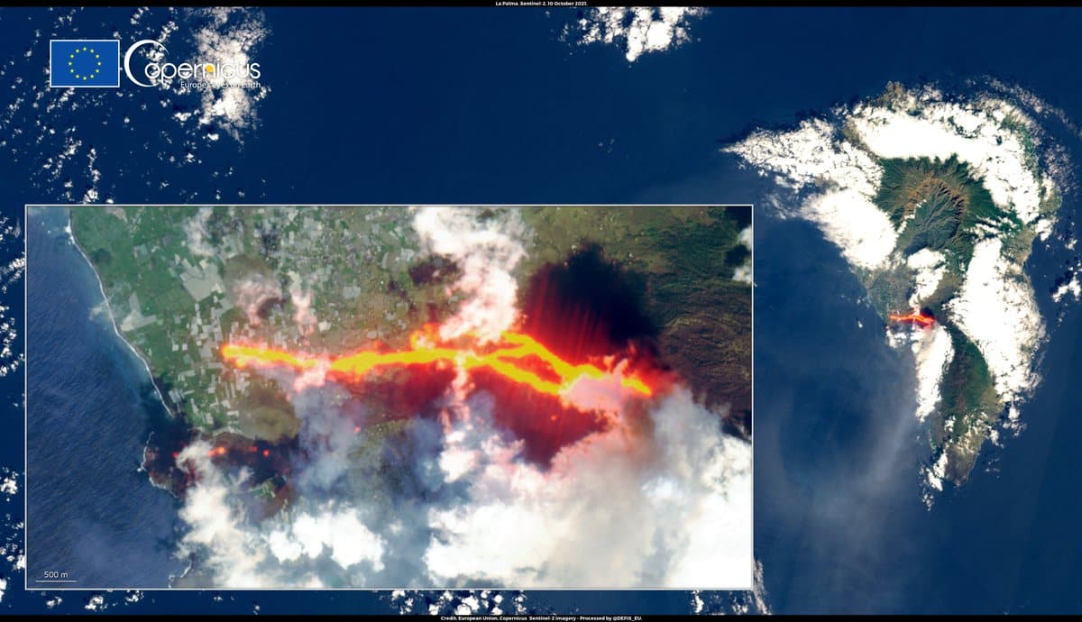 Imagen capturada por el satélite Copernicus Sentinel-2 de volcán de Cumbre Vieja