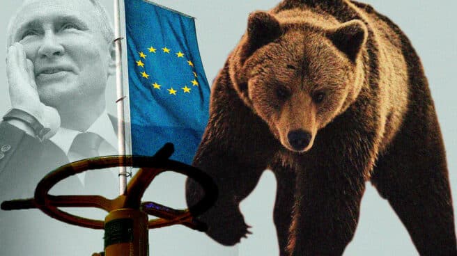 Imagen de Putin con un oso abriendo una llave de gas y la bandera de Europa de fondo