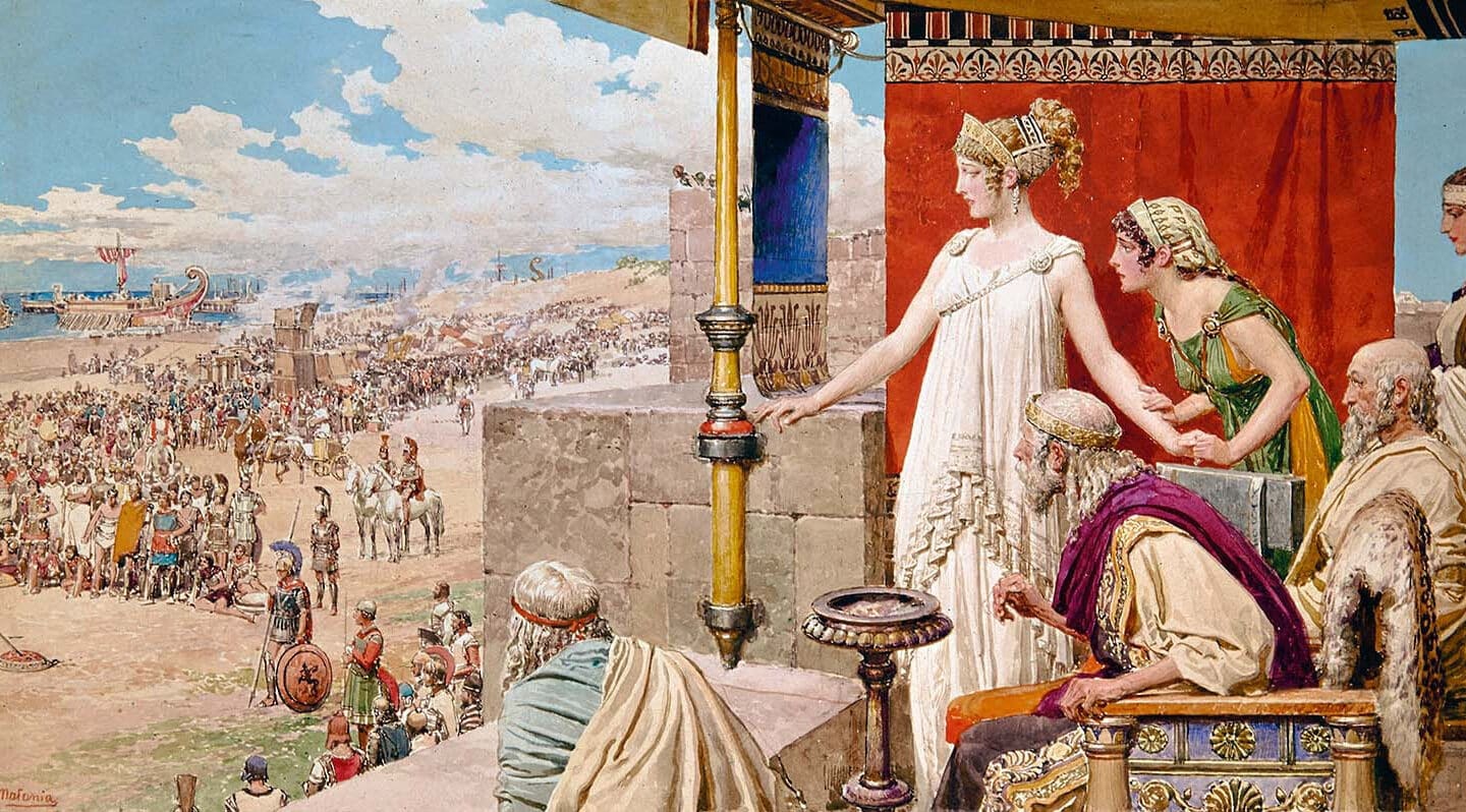 Fortunino Matania, Helena de Troya observa la batalla entre Menelao y Paris desde las murallas de Troya.