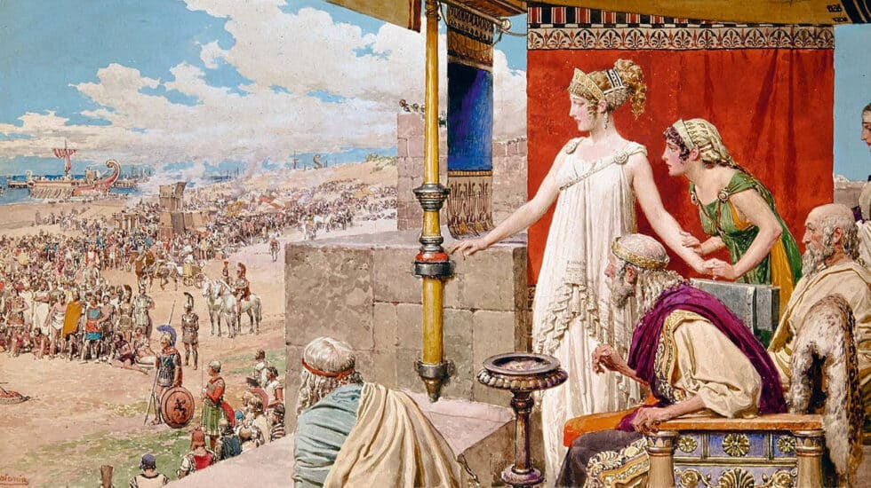 Fortunino Matania, Helena de Troya observa la batalla entre Menelao y Paris desde las murallas de Troya.