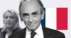 Éric Zemmour, en primer plano, con la bandera francesa y Marine Le Pen, al fondo