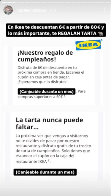 Captura de pantalla del descuento que ofrece IKEA el día por el cumpleaños.