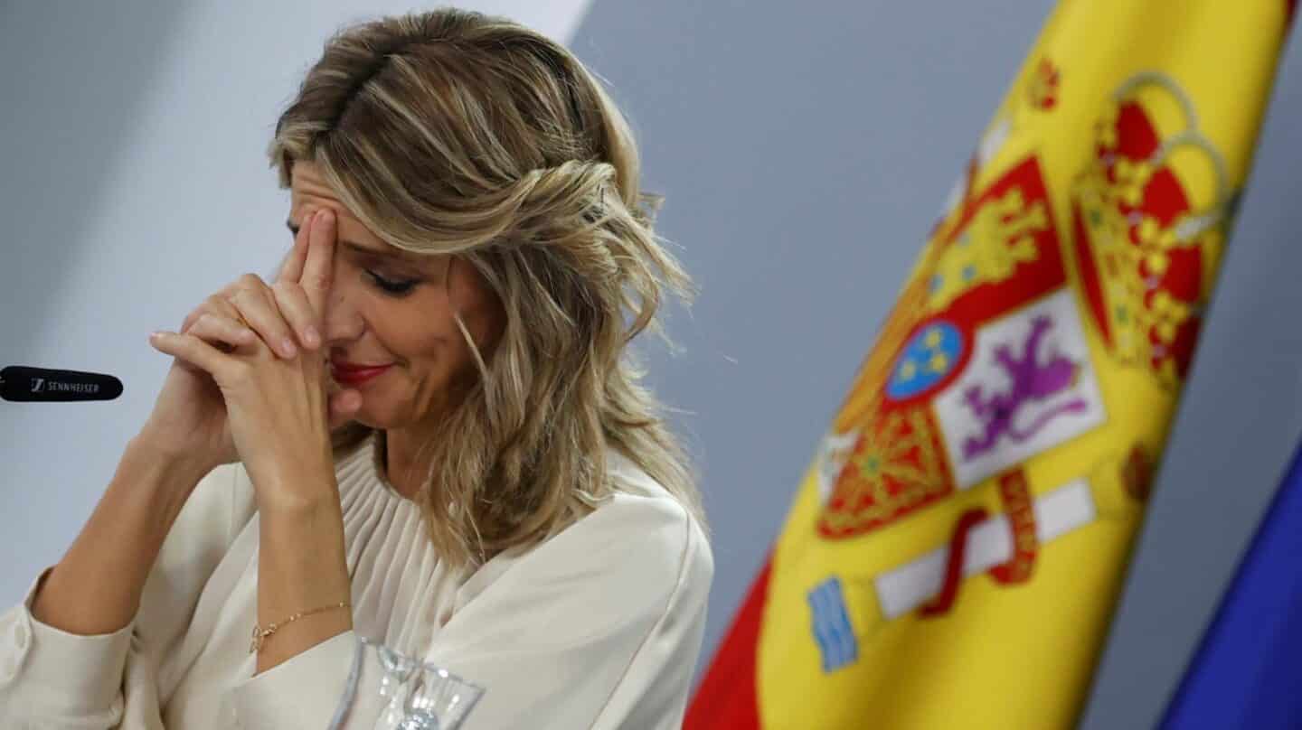 La vicepresidenta segunda del Gobierno y ministra de Trabajo, Yolanda Díaz durante la rueda de prensa del pasado martes.