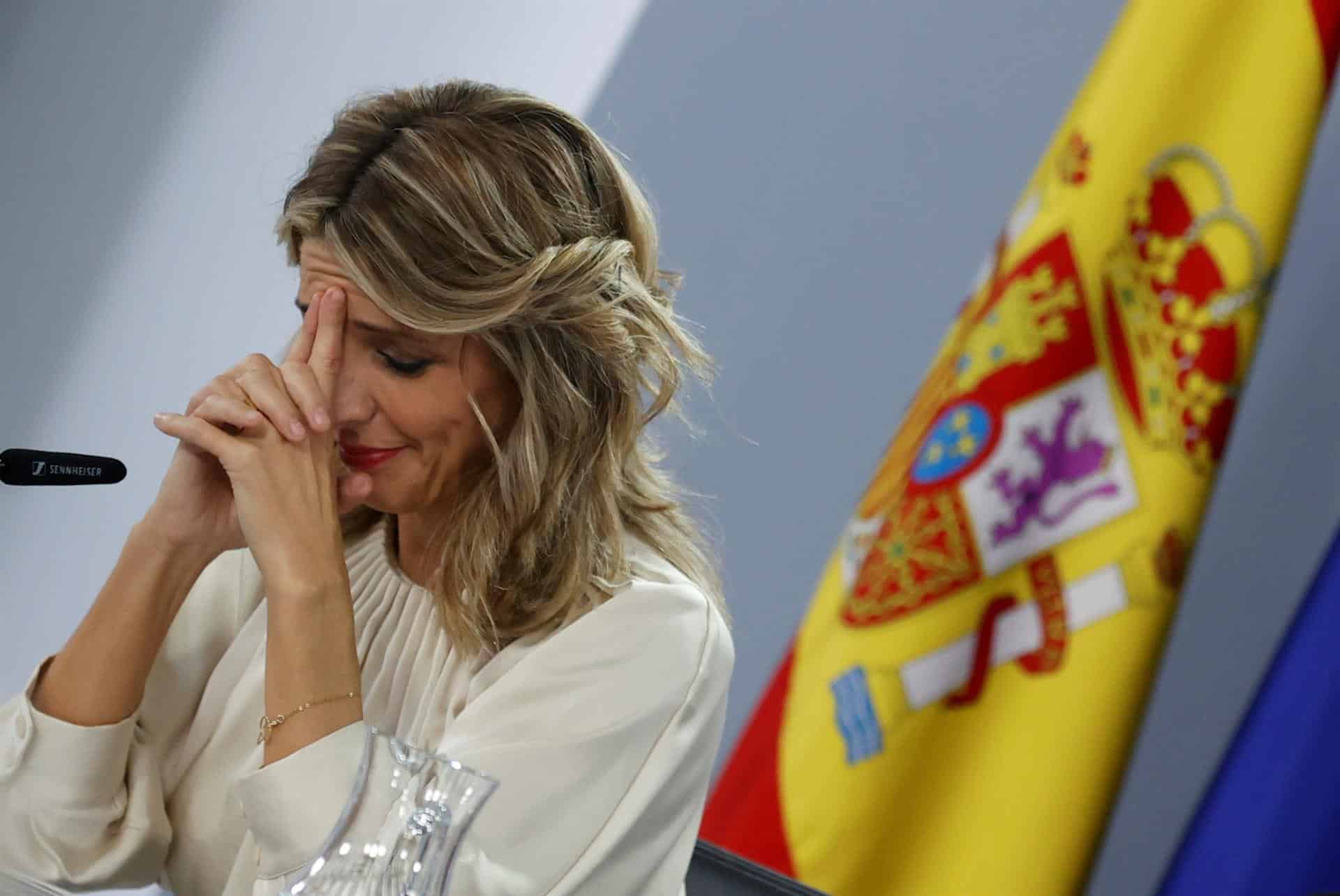 La vicepresidenta segunda del Gobierno y ministra de Trabajo, Yolanda Díaz durante la rueda de prensa del pasado martes.