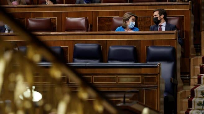 El líder del Partido Popular, Pablo Casado (d) y su portavoz parlamentaria, Cuca Gamarra (i).