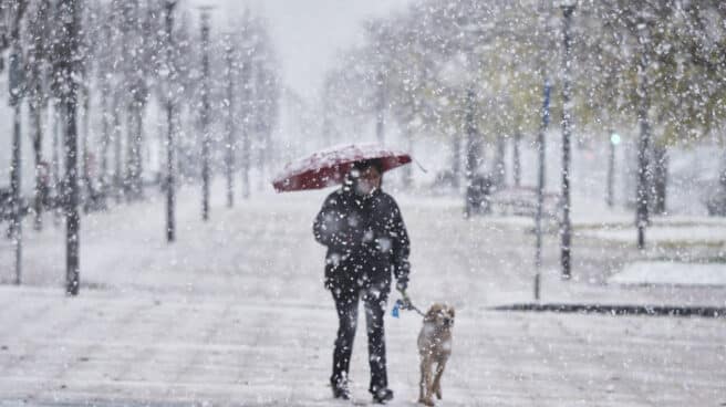 Una mujer camina junto a su perro mientras nieva en Pamplona, Navarra (España).