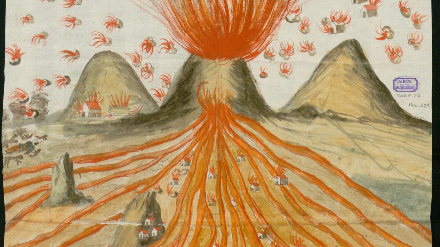 Dibujo original de 1678 con el que se informó a la Inquisición de la erupción de un volcán en La Palma
