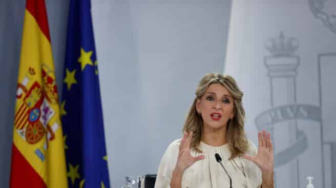 Yolanda Díaz (7) La vicepresidenta segunda del Gobierno y ministra de Trabajo, Yolanda Díaz durante la rueda de prensa tras el Consejo de Ministros celebrado este martes en el Palacio de La Moncloa.