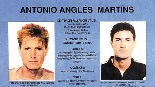 Cartel distribuido por la Guardia Civil el 5 de marzo de 1993 con dos fotografías de Antonio Anglés Martíns.