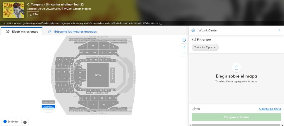 Vista desde la página web de C.Tangana del estadio Wizink Center Madrid con todos los asientos agotados.