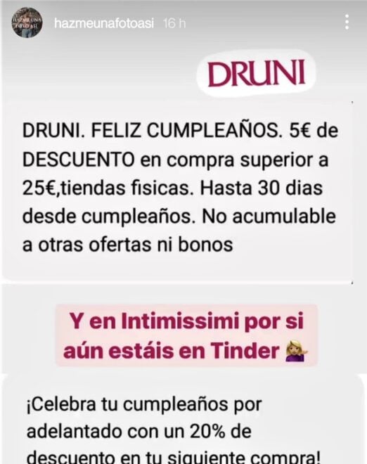 Captura de pantalla del descuento ofrecido por la marca DRUNI el día del cumpleaños