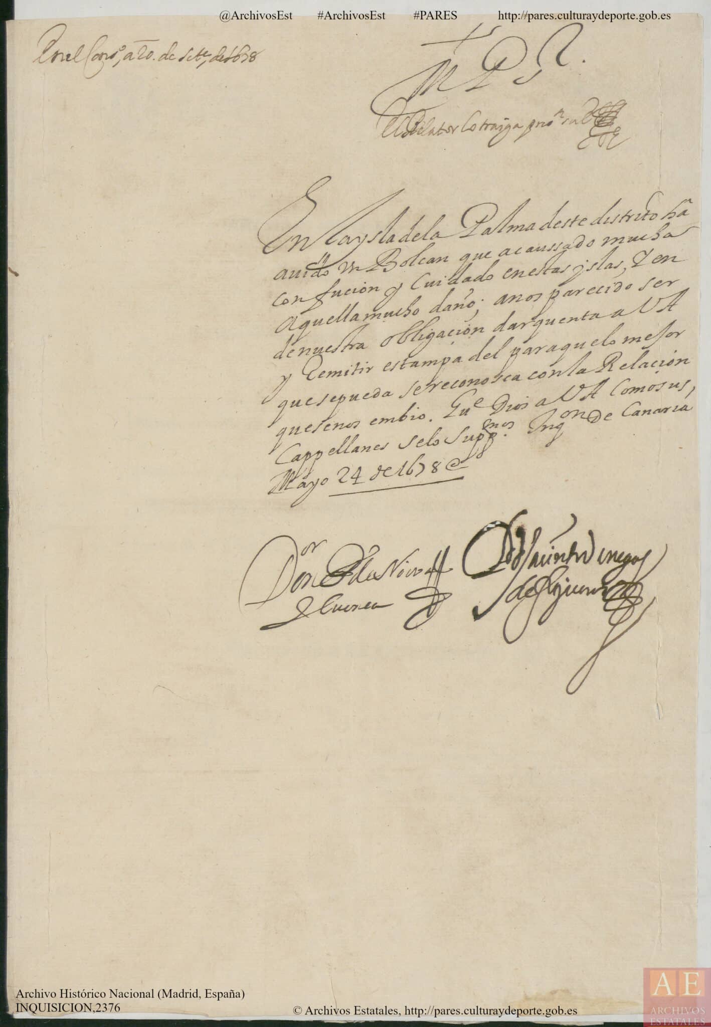 Documento enviado a la Inquisición en 1678 sobre una erupción en La Palma en 1677