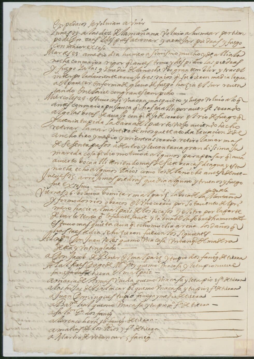 Documento enviado a la Inquisición en 1678 sobre una erupción en La Palma en 1677