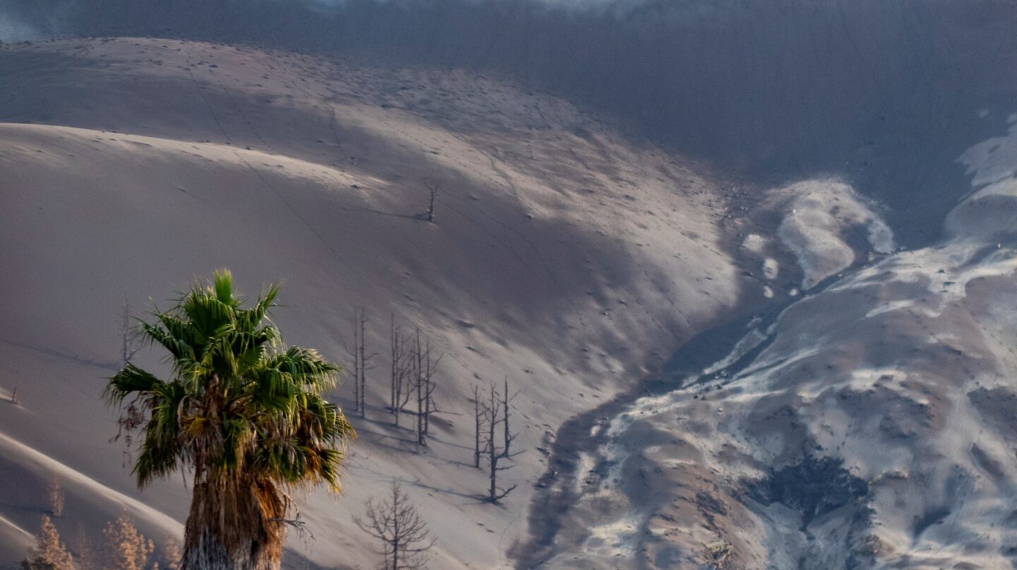 Los alrededores del cono del volcán de Cumbre Vieja sufren los efectos de los gases, cenizas y altas temperaturas.