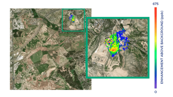 Mapa satélite de los focos de emisión de metano detectados en Madrid
