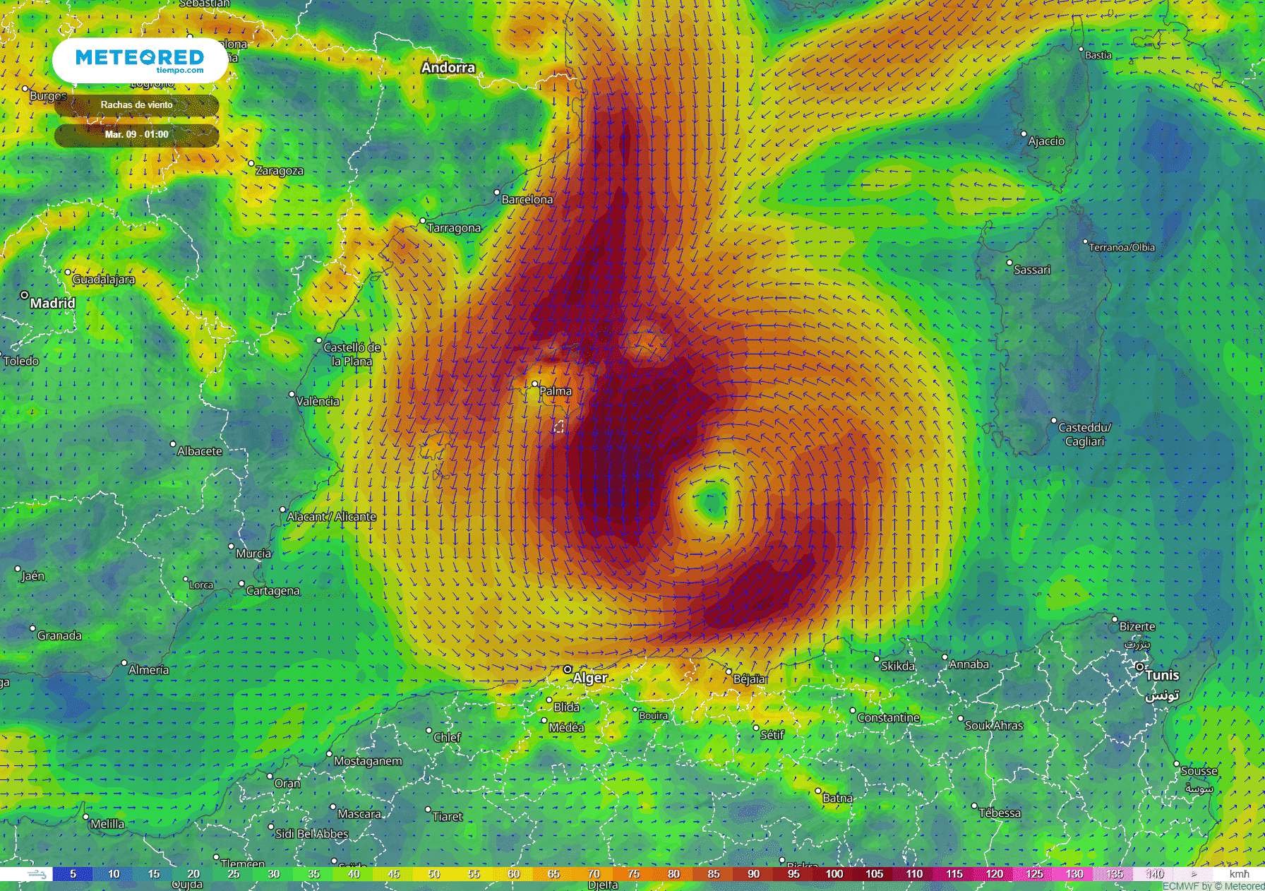 Mapa de presión atmosférica en la que se aprecia el posible ciclón que se formará en el Mediterráneo.