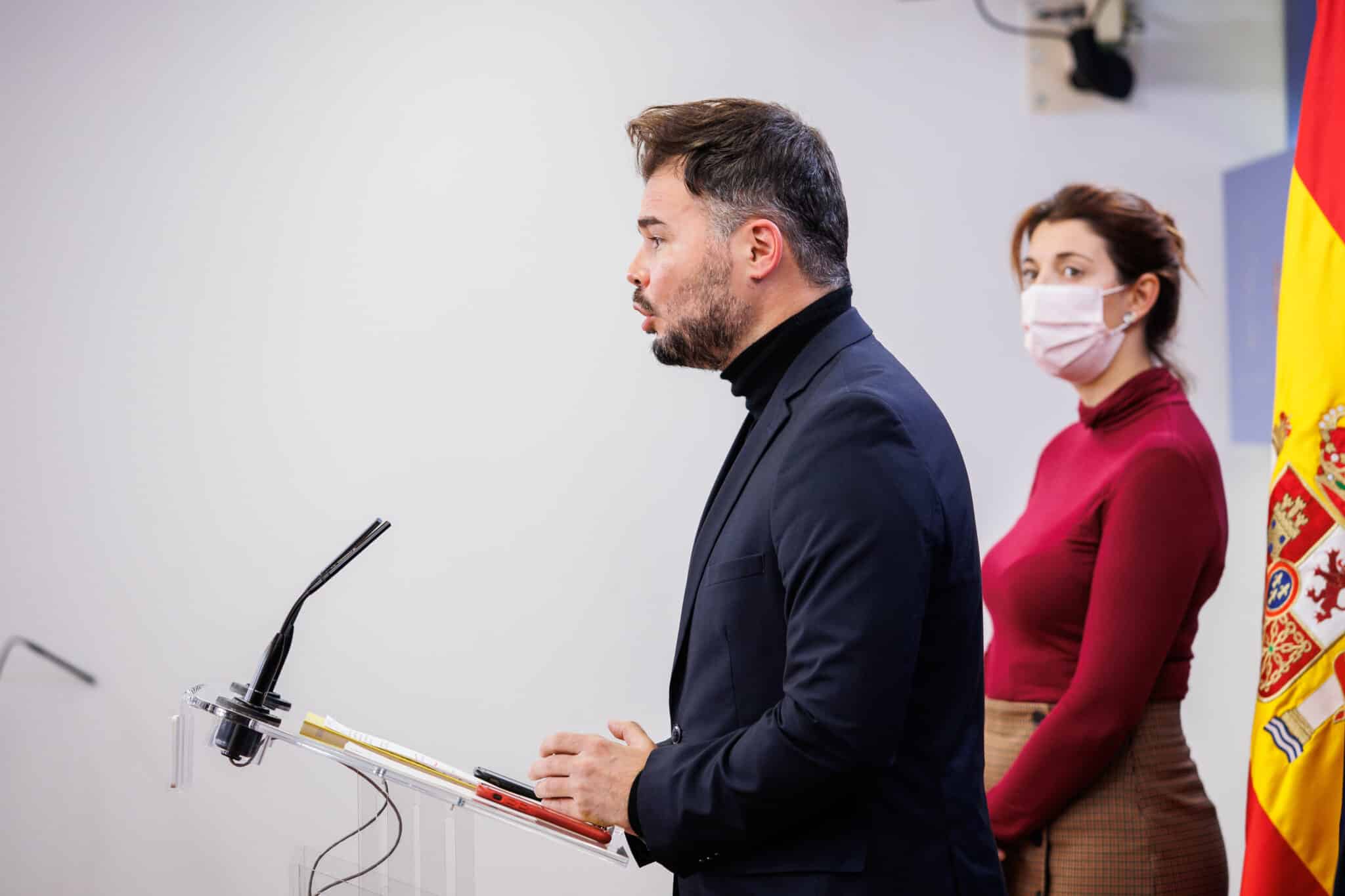 El portavoz parlamentario de ERC, Gabriel Rufián, en rueda de prensa en el Congreso de los Diputados.