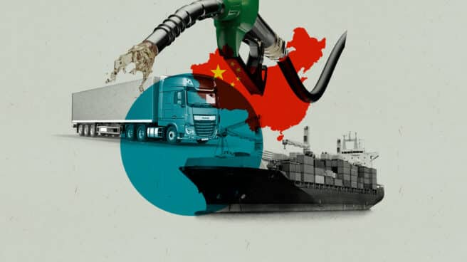 Collage de un camión, un barco de mercancía, un dispensador de gasolina y el mapa de China de fondo