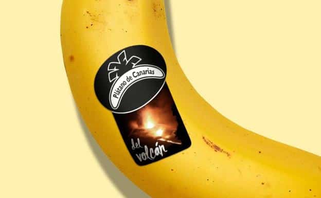 Nueva etiqueta de los plátanos de Canarias afectados por el volcán.