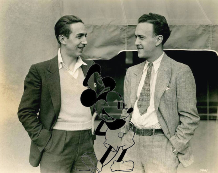 Ilustración de Walt Disney y su amigo Ub Iwerks junto a Mickey Mouse. 