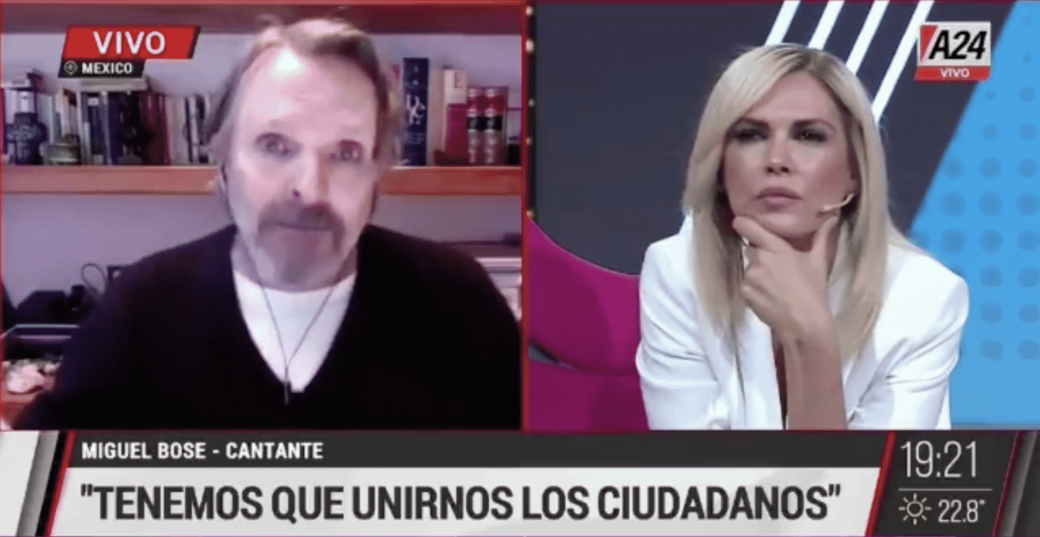 Pantalla partida de Miguel Bosé y la presentadora del programa argentino A24