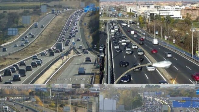 Atascos en varias carreteras de salida de Madrid, en la tarde de este viernes.