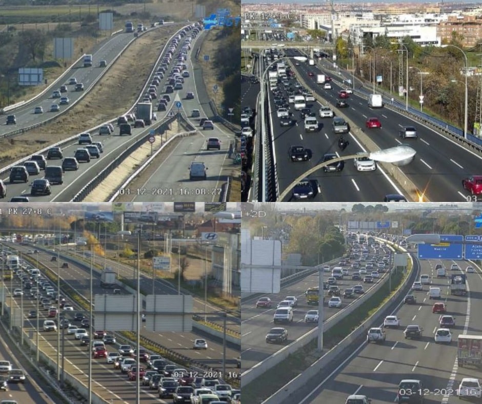 Atascos en varias carreteras de salida de Madrid, en la tarde de este viernes.