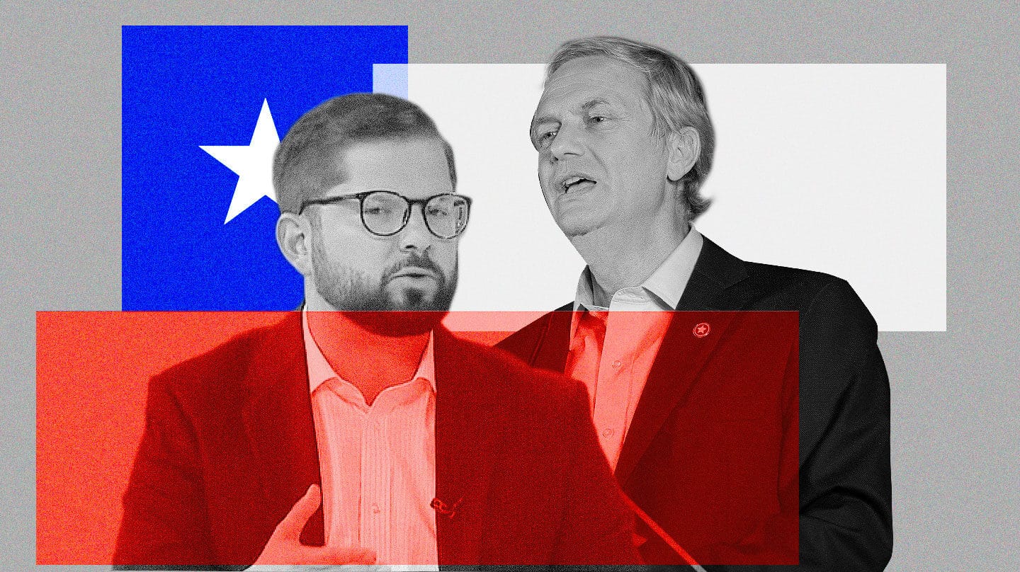 Imagen de Gabriel Boric y José Antonio Kast con la bandera de Chile de fondo