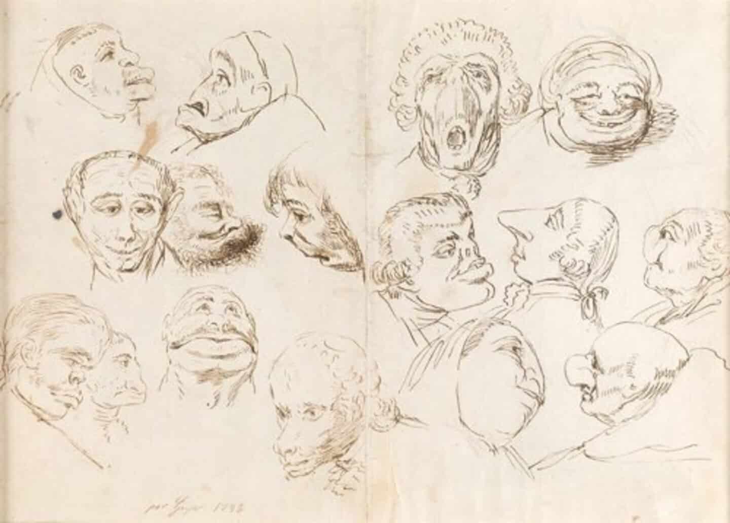 El cuadro 'Dieciséis cabezas caricaturescas y Autorretrato' de Goya