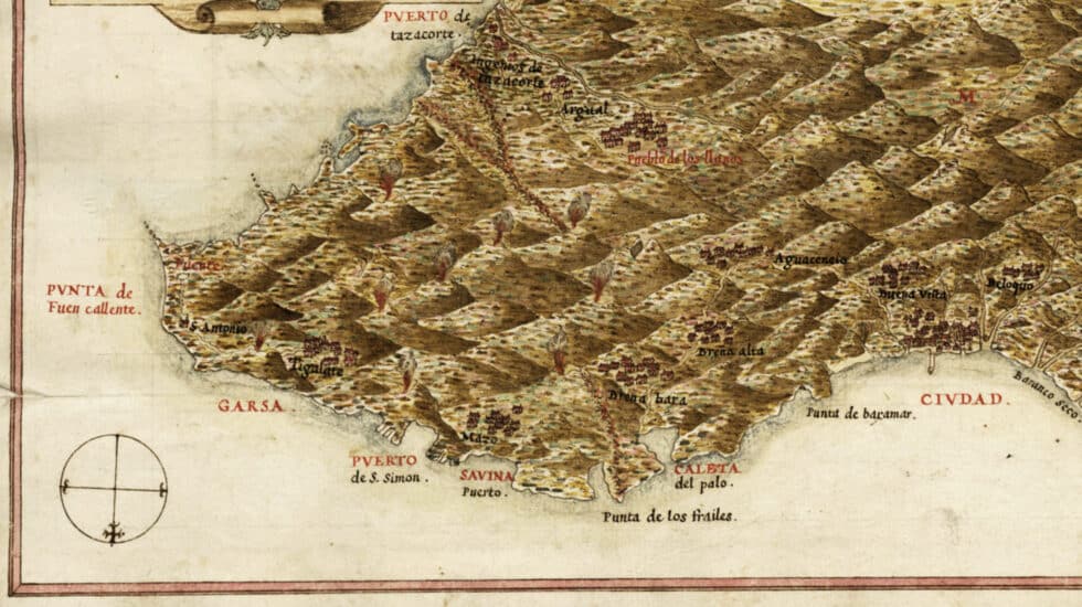 Cartografía realizada por el ingeniero militar Leonardo Torriani en 1592 sobre la erupción del volcán de Tahuya