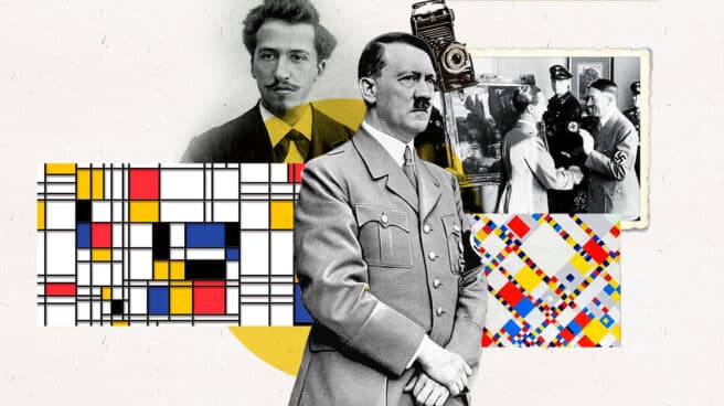 Imagen de Mondrian con dos de sus obras, una imagen del expolio Nazi de obras de arte y Hitler en primer plano