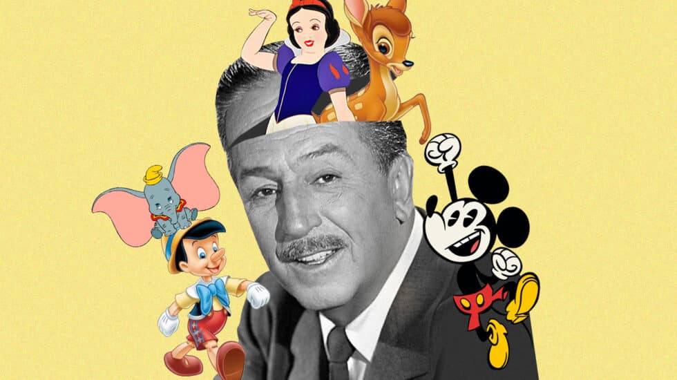 Imagen de Walt Disney rodeado de sus personajes