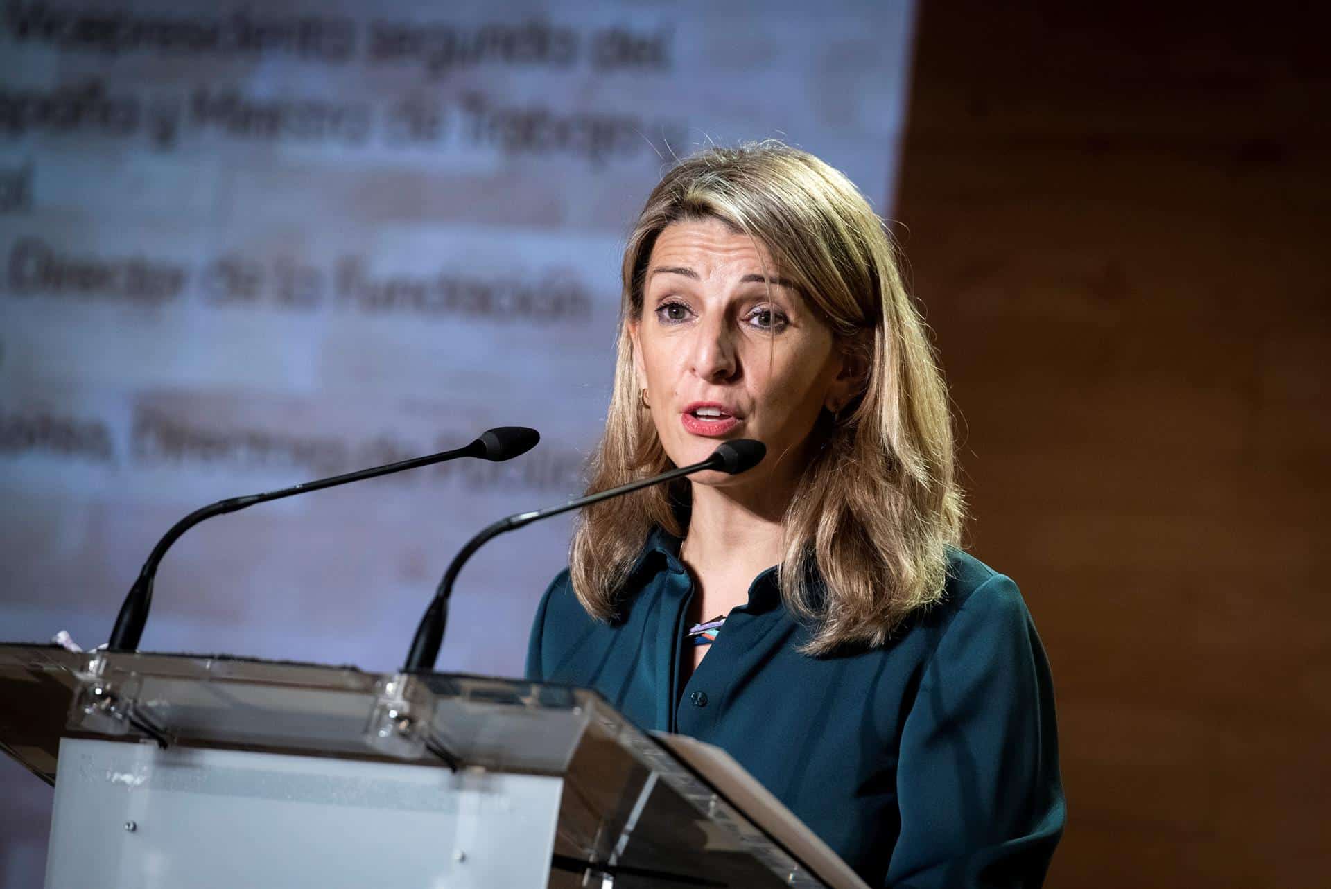 La vicepresidenta segunda del Gobierno, Yolanda Díaz, durante unas charlas sobre Empleo en Madrid.