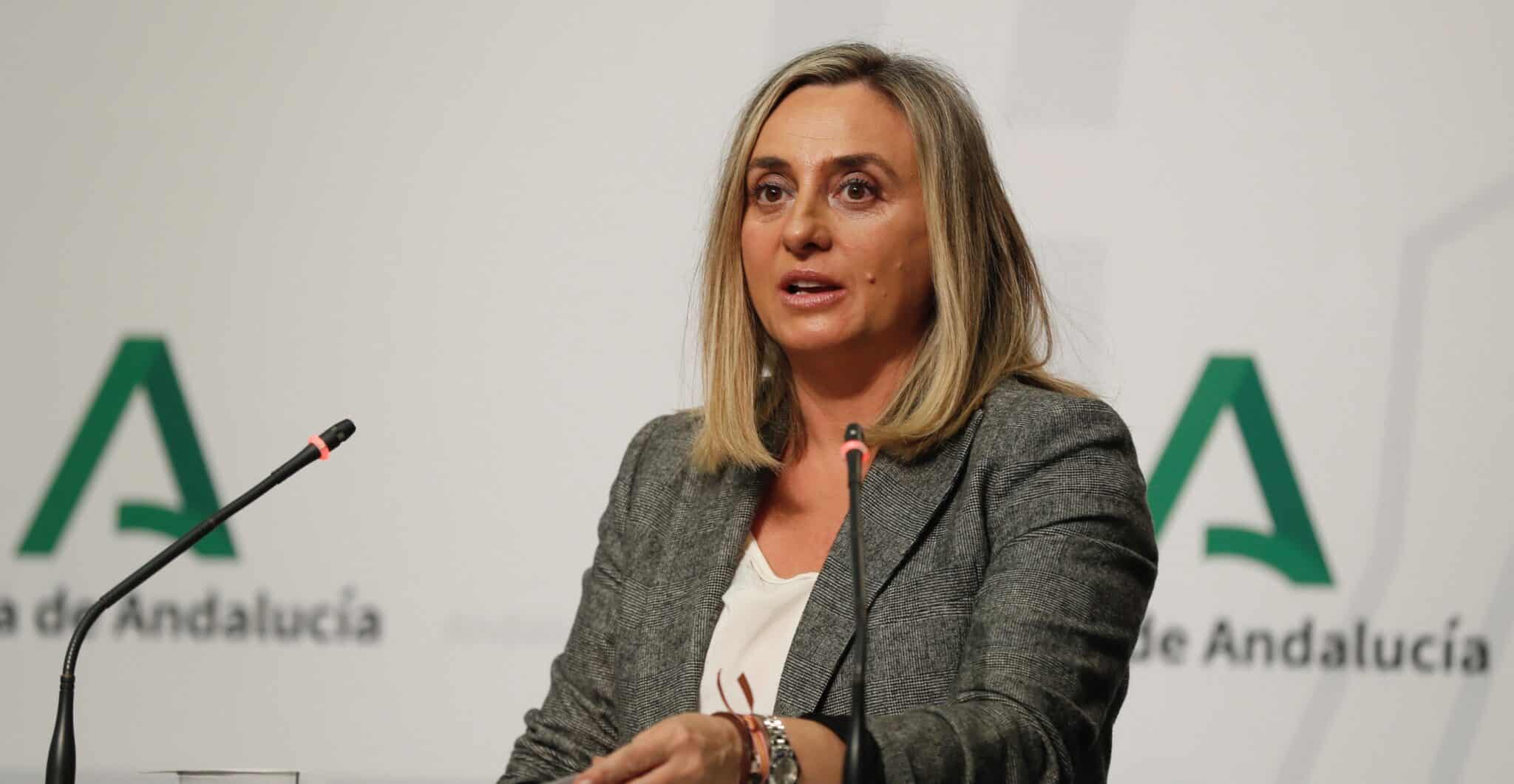 La consejera de Fomento, Infraestructuras y Ordenación del Territorio, Marifrán Carazo, durante la rueda de prensa posterior a la reunión del Consejo de Gobierno celebrada hoy en el Palacio de San Telmo en Sevilla.