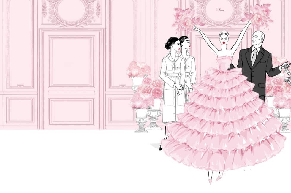 Ilustración del libro de Megan Hess: 'Christian Dior: La esencia del estilo'. pp 88-89