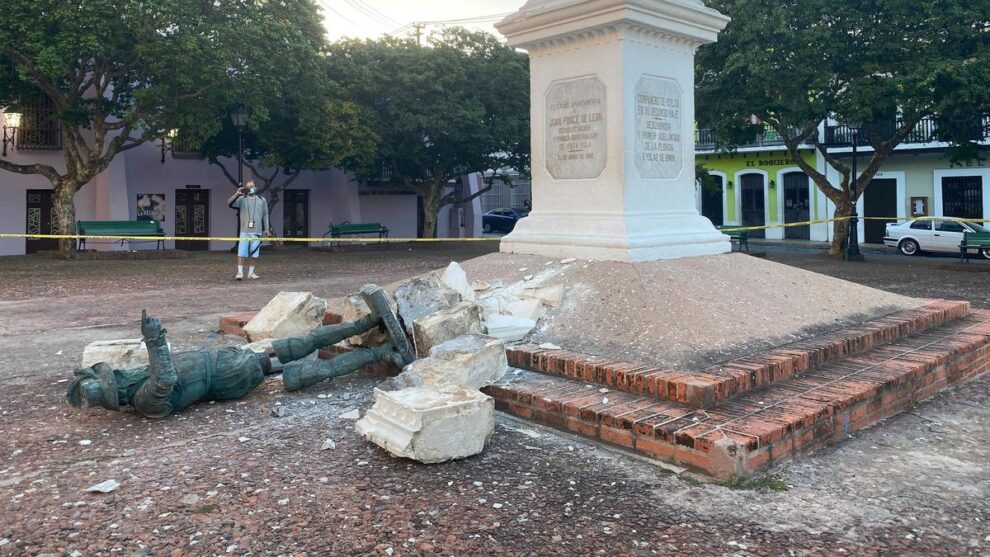 Derriban la estatua de Ponce de León, español y primer gobernador de Puerto Rico, a horas de la llegada de Felipe VI
