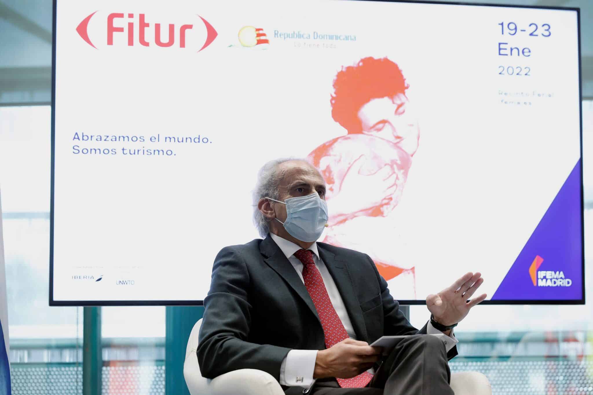 El Consejero de Sanidad de la Comunidad de Madrid, Enrique Ruiz Escudero durante la presentación de FITUR 2022 celebrada en Ifema este martes.