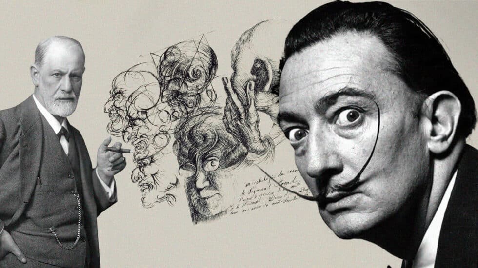 Imagen de Freud con un dibujo de Dalí y Dalí en primer plano