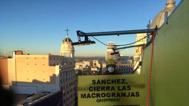 Activistas de Greenpeace se descuelgan de un edificio en la Gran Vía para exigir a Sánchez el cierre de las macrogranjas