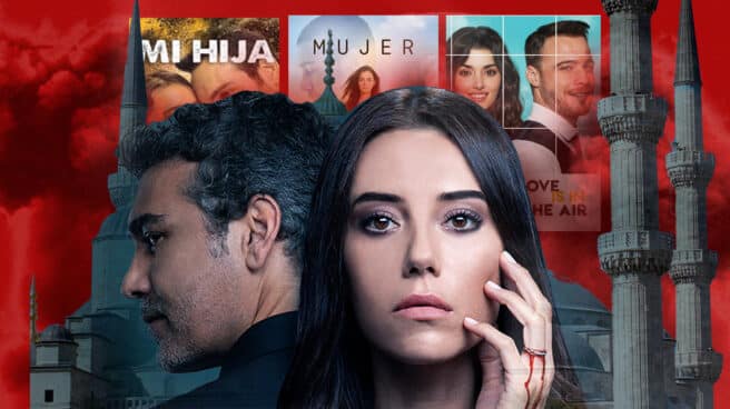 infiel-serie-turca Imagen de los protagonistas de la serie turca infiel con carteles de otras 3 series detrás