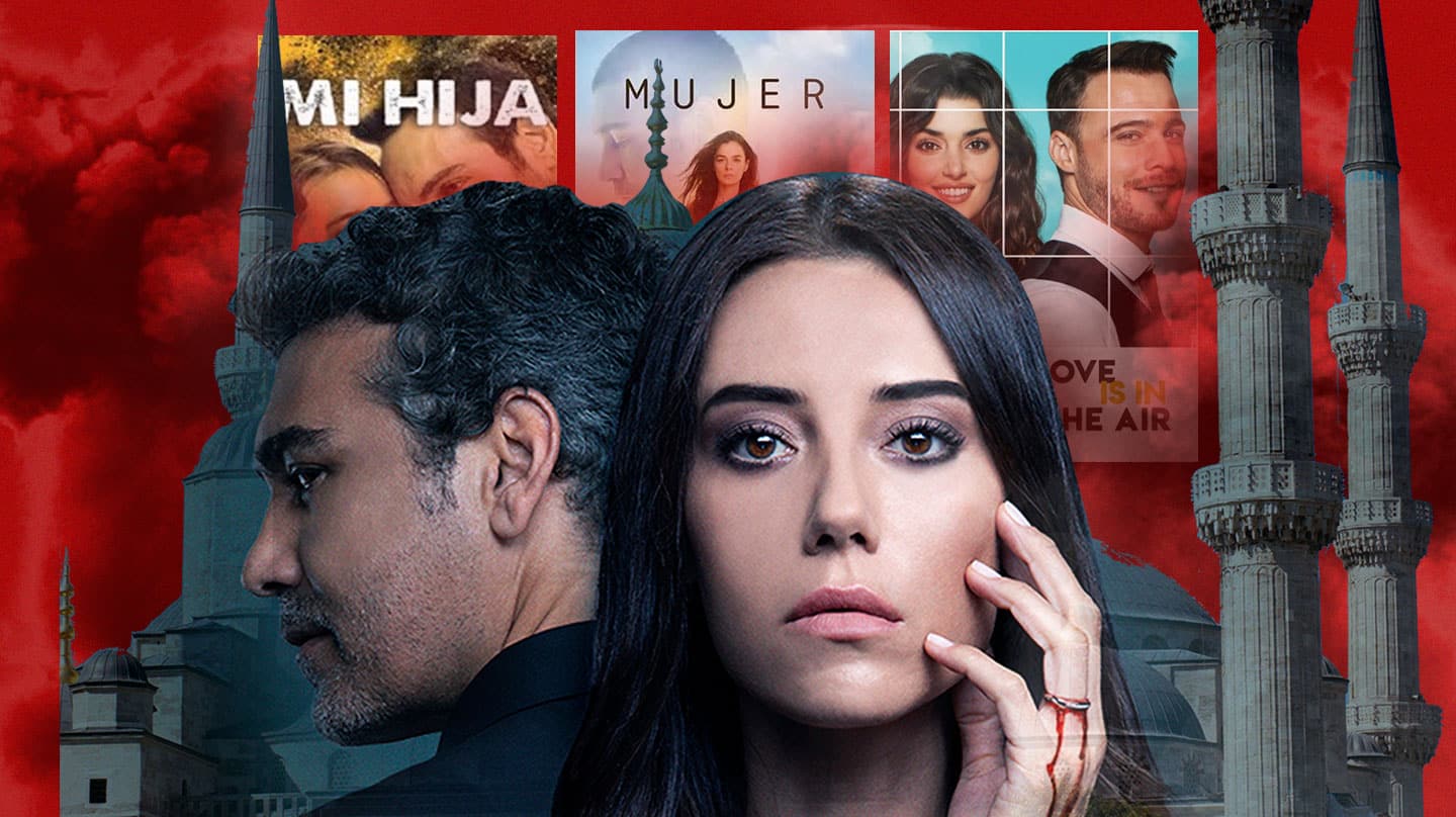 Imagen de los protagonistas de la serie turca infiel con carteles de otras 3 series detrás