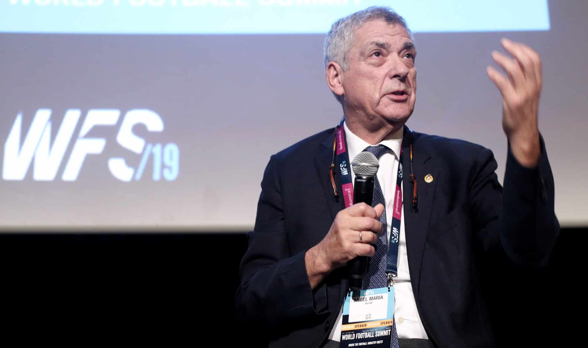 Ángel María Villar, durante su intervención en la cuarta edición de World Football Summit, en 2019.