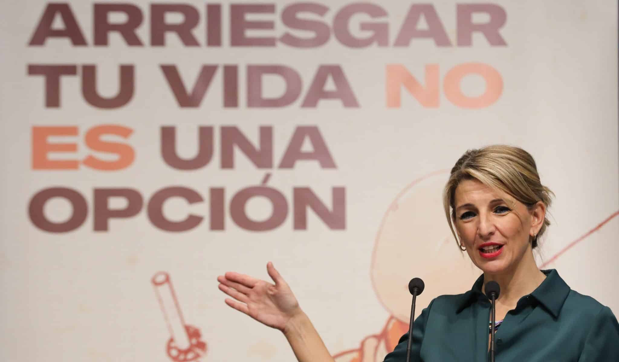 La vicepresidenta y ministra de Trabajo y Economía Social, Yolanda Díaz, en la presentación de un plan de choque contra los accidentes laborales.