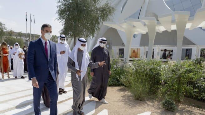 His Excellency Pedro Sanchez (L), President of the Government of Spain and His Excellency Sheikh Nahayan Mabarak Al Nahayan (C), UAE Minister of Tolerance and Coexistence Commissioner General of Expo 2020 Dubai outside the UAE Pavilion during the Spain National Day Pavilion visit