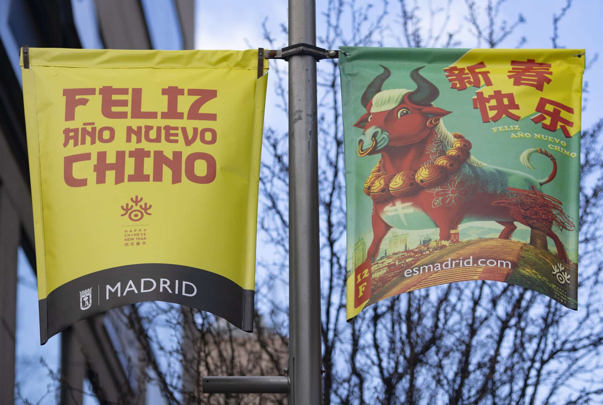 Carteles promocionales del Año Nuevo chino en el distrito de Usera, en Madrid (España)